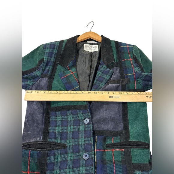 Brandon Thomas Plaid Suede Patchwork Blazer Jacket Green Vintage Womens Small - Picture 5 of 9